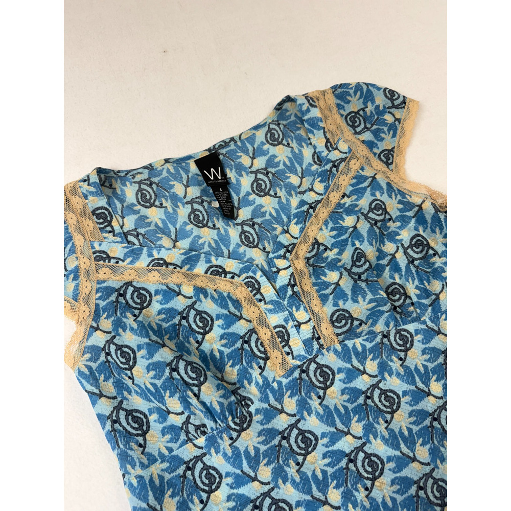 Boho Chic Blue Floral‎ Lace Trim Cap Sleeve Top Women's M Vintage